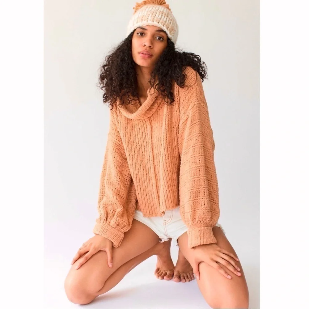Free People Peach Be Yours Cozy Cowl Neck Women’s Balloon Sleeve Sweater Sz XS